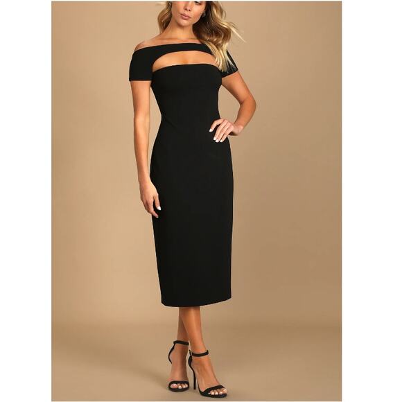 New ~ LULU'S  ~ Make a Toast Black Off-the-Shoulder  Midi Dress Size X-Small - Picture 1 of 7